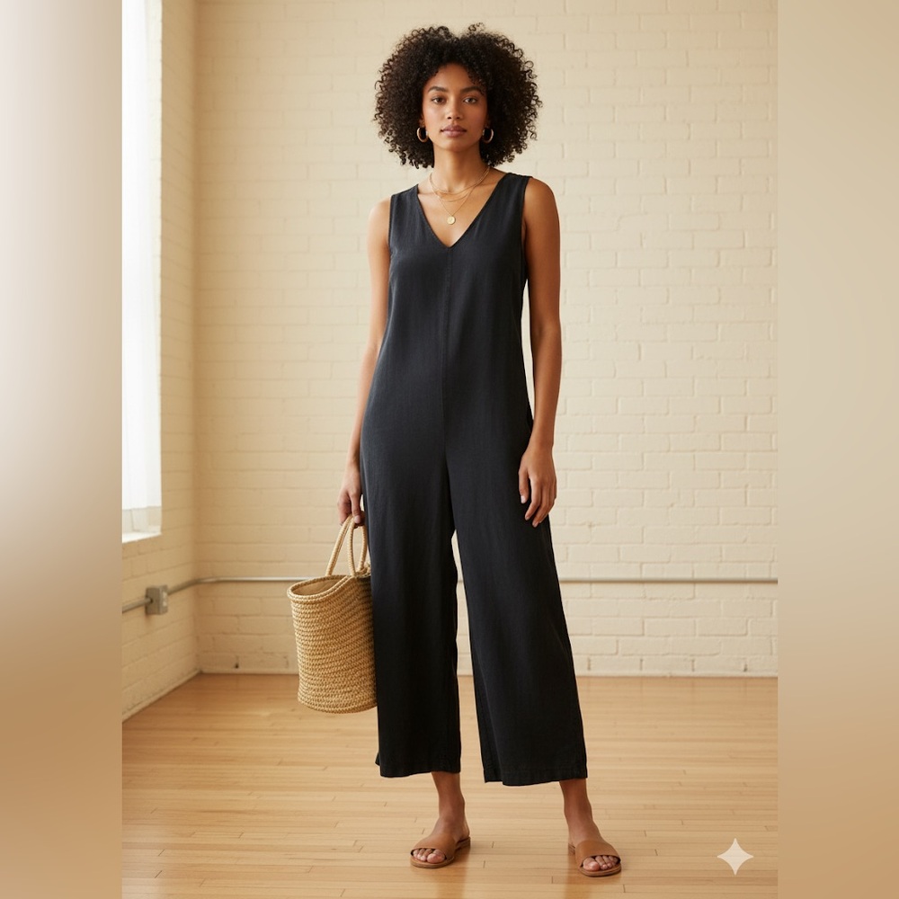 Hackwith Design House Washed Black V-Neck Wide Leg Cropped Jumpsuit